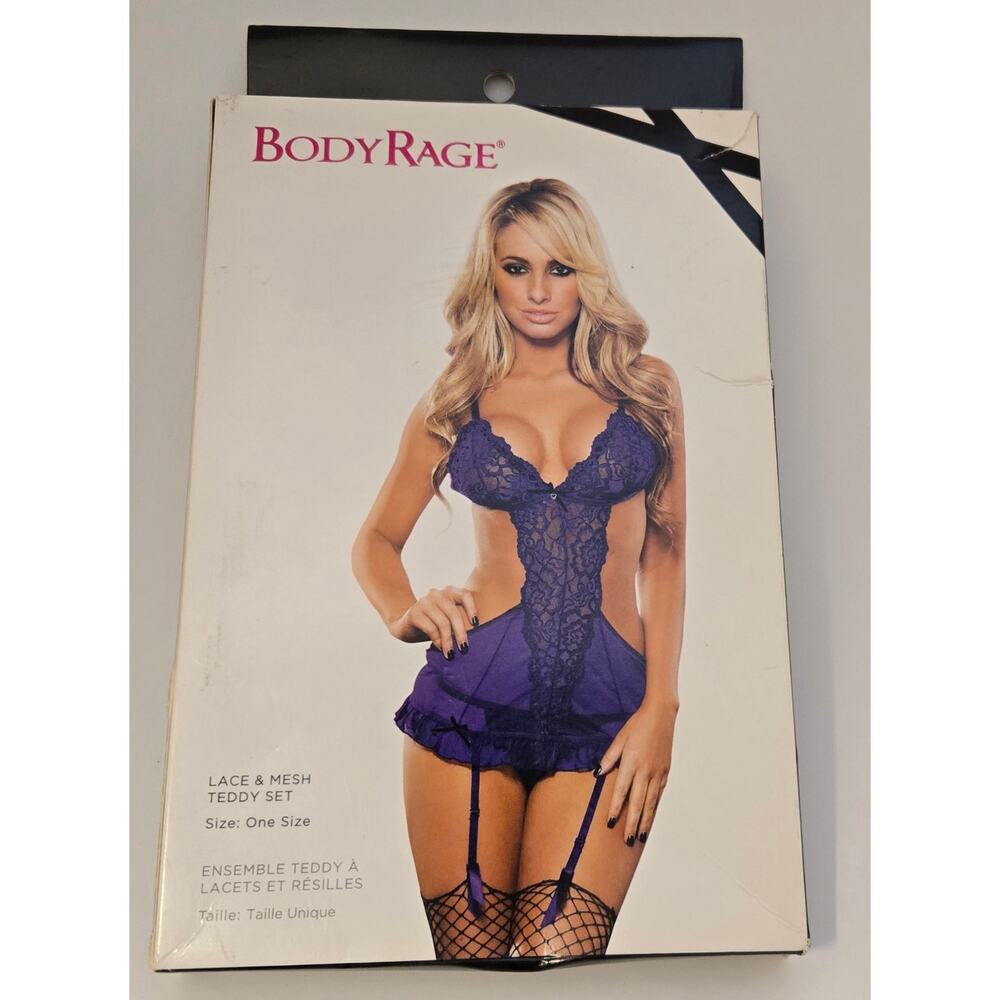New Body Rage Purple Teddy and Panty Set One Piece Lace Mesh Lingerie Bodysuit